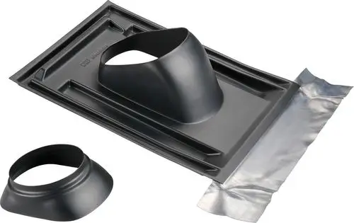 Schwarze Kunststoffabdeckung mit seitlichem Anschluss und flexibler Dichtung, geeignet für Abgasleitungen. Hersteller: Bosch.